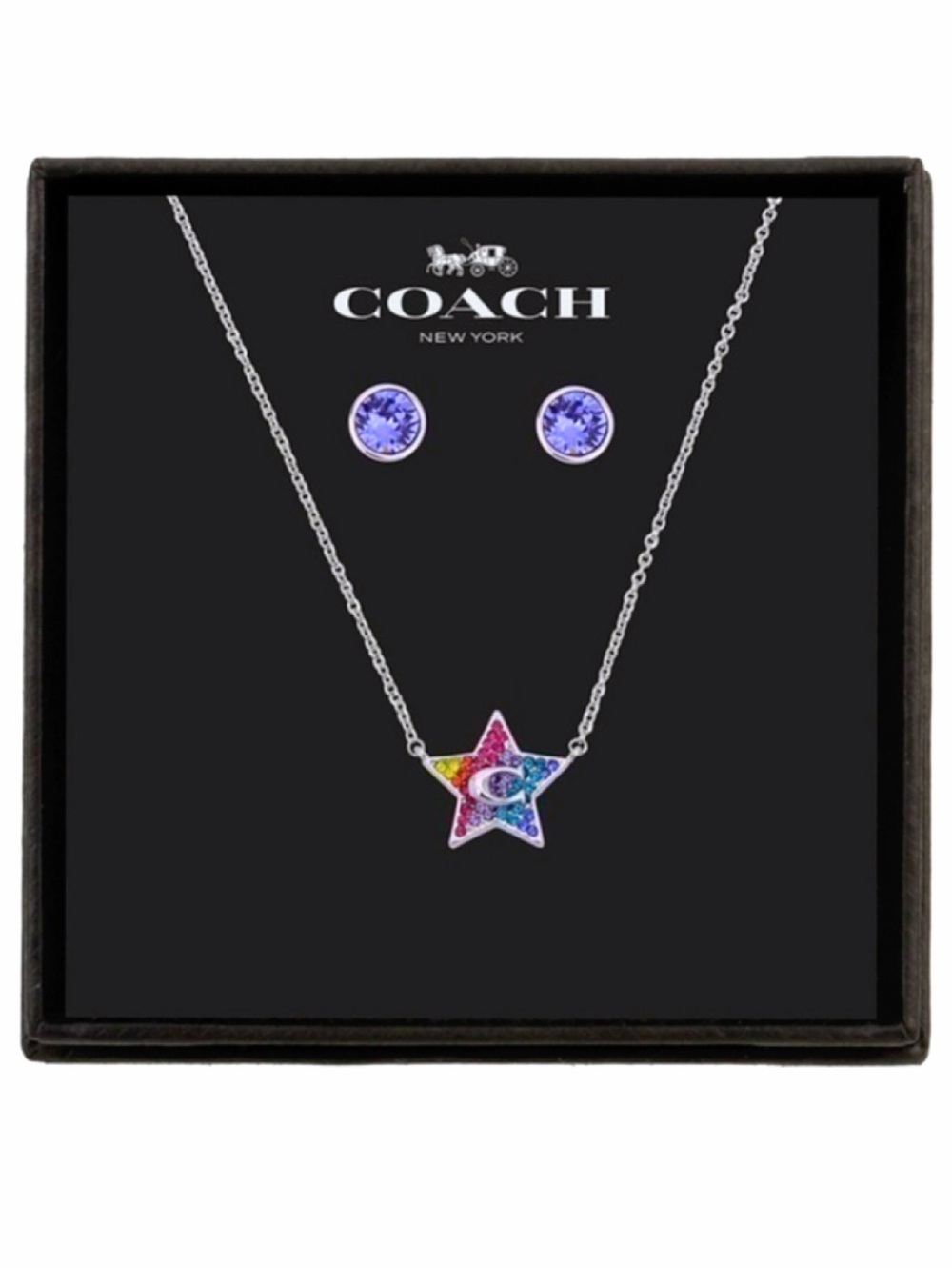 Coach Star colorful rainbow Crystal Necklace and Stud Earrings Set new in box